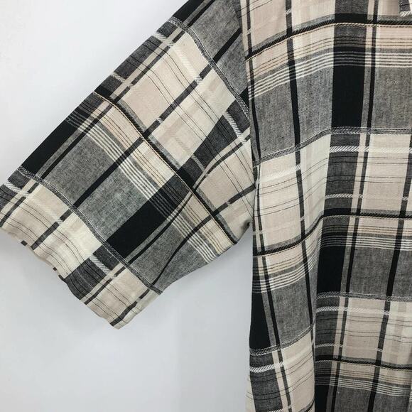 Bagazio Men's Linen Shirt XL Plaid Black & Cream Short Sleeve Button Up Front - Picture 5 of 8